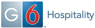 The image shows the logo of G6 Hospitality. It consists of the letter "G" and the number "6" in boxes, followed by the word "Hospitality" on the right. logo on footer section.