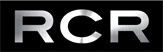 The image contains the text "RCR" in a shiny, metallic style on a black background. logo on footer section.