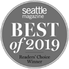 A circular emblem reads "Seattle Magazine - Best of 2019 - Readers' Choice Winner" in white text on a gray background.