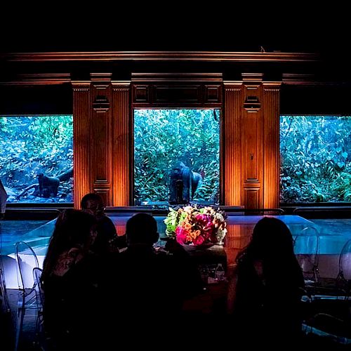 People are seated at a table with a large aquarium featuring naturalistic scenes in the background, creating a unique dining experience.