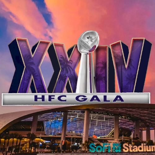 Image shows a poster for an event, "HFC Gala XXIV," at SoFi Stadium with a background of a building and vibrant sunset.