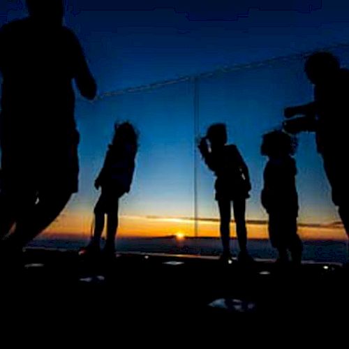 Silhouetted people, including children, stand and observe a sunset or sunrise by a reflective surface, possibly glass, against a darkening sky.