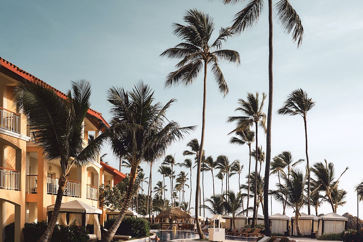 The image shows a luxury resort pool area with tall palm trees, lounge chairs, and multi-story buildings under a clear blue sky.